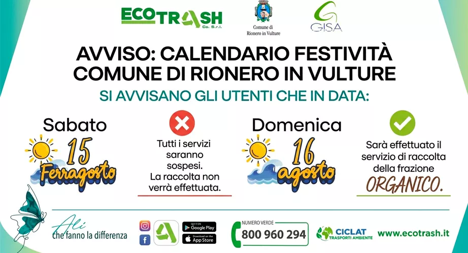 Servizio di Raccolta Differenziata: variazione al calendario in occasione delle festività del 15 e 16 agosto